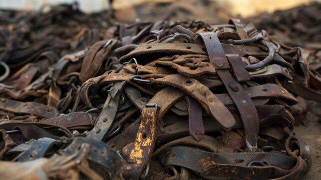 Pile of worn leather horse harnesses, cracked textures and rusted fittings.