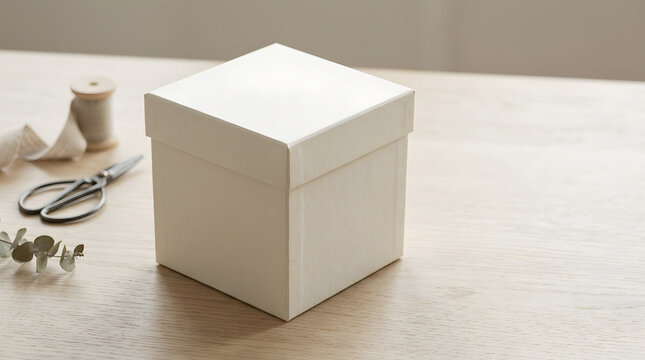 Plain cream gift box beside scissors and twine on a wooden table