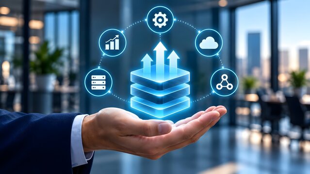 Corporate hand presenting glowing holographic database servers with growth arrows representing scalable cloud IT solutions