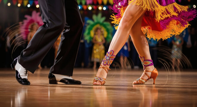 Ballroom dancers performing elegant latin dance steps on a wooden floor wearing professional costumes with vibrant colorful fringe and shoes
