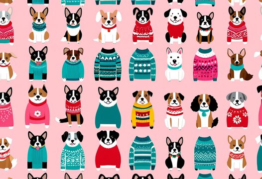 adorable dogs wearing festive holiday sweaters pattern illustration