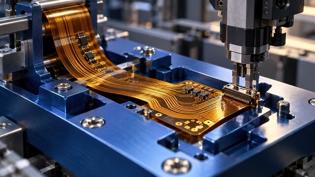 Automated industrial assembly machine processing flexible printed circuit boards in high tech factory manufacturing environment
