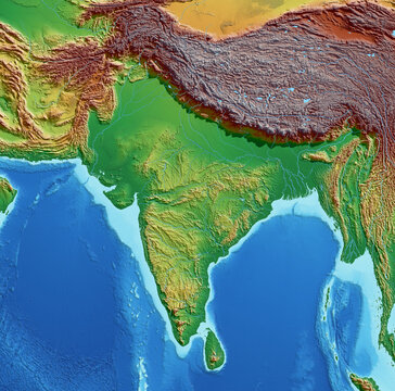 South Asia physical relief map with Himalayas and ocean floor