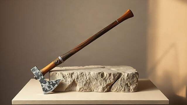 Medieval halberd beside stone block on display surface, history and weaponry concept