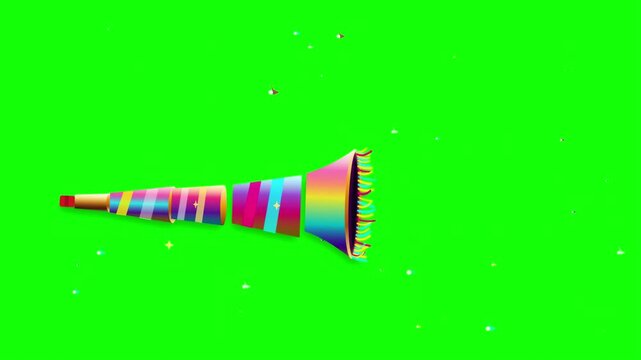 Colorful party horn unrolling on green screen background during celebration