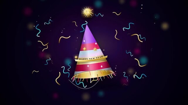 Animated party hat with colorful confetti bursting for holiday celebration