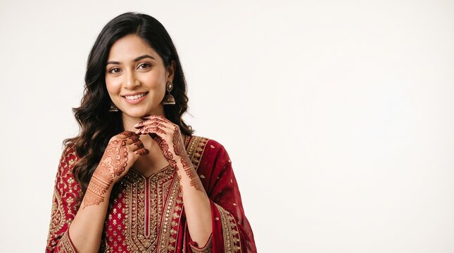 Portrait of Smiling Indian Woman in Red Embroidered Saree Showing Traditional Henna Tattooed Hands on white background with copy space