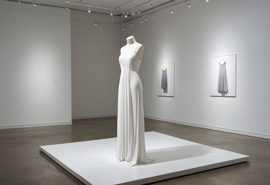 Elegant white gown displayed in modern art gallery setting