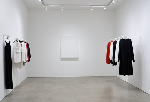 Minimalist fashion display in modern gallery space