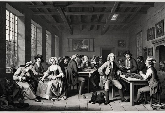 historical indoor gathering with colonial-era individuals playing games