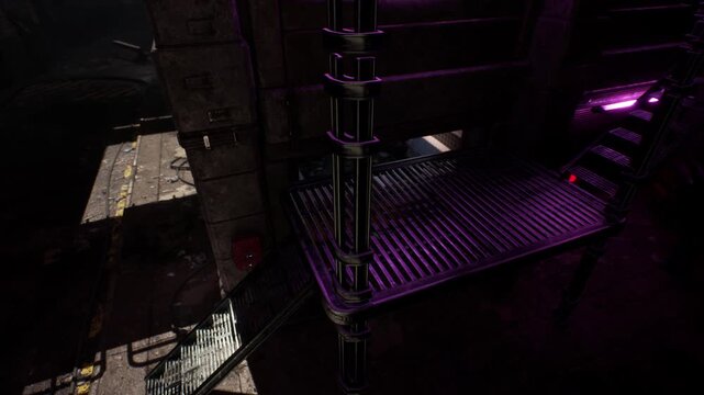 Dark metallic industrial platform with metal stairs and flooring illuminated by purple light in a dim factory setting during the night time hours with deep shadows and industrial construction elements