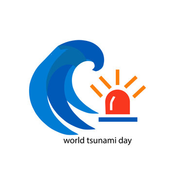 World tsunami day icon with blue wave and red alarm