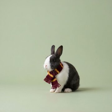 Adorable black and white bunny rabbit wearing a Gryffindor scarf.