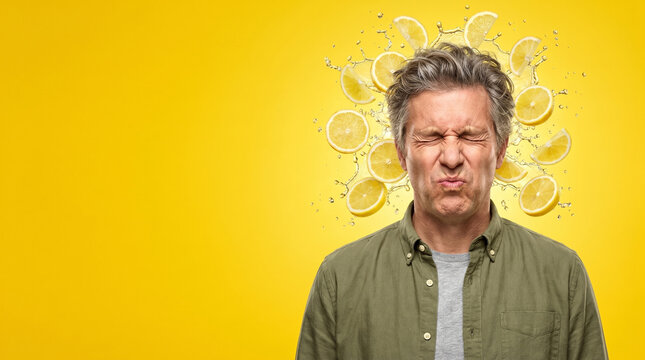 Middle-Aged Man Reacting to Extreme Sourness with Lemon Splashes on Yellow Background