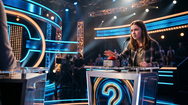 Young female contestant standing behind a podium with a buzzer on a modern television game show set under bright studio lighting