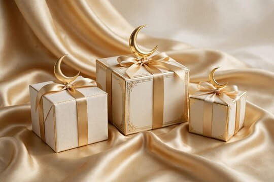 Eid gift boxes with gold crescent toppers on silk fabric