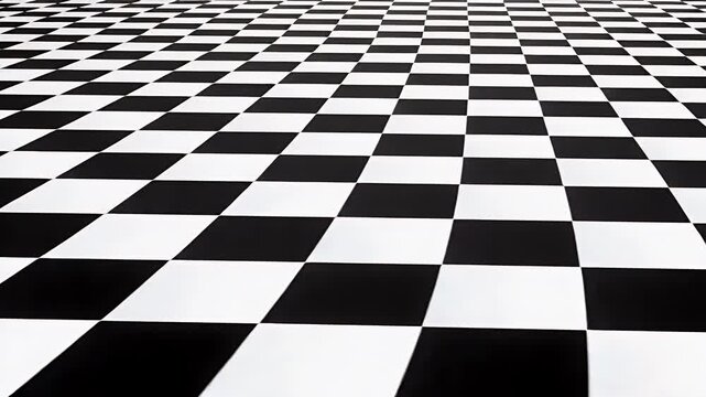 A slow panning shot over a high-contrast black and white checkered floor with a geometric perspective.
