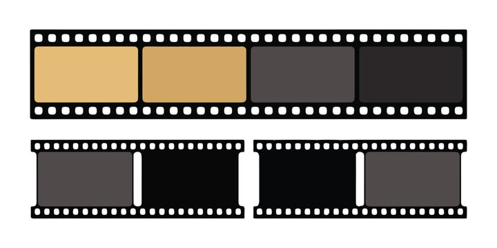Film strip template vector set with colored and dark movie frames for media layout presentation.