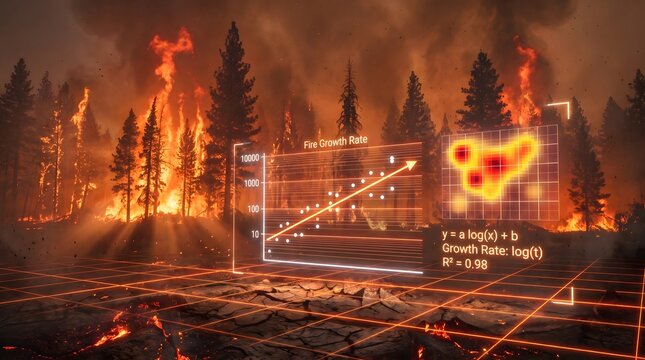 Holographic heatmap and scatter plot tracking forest fire expansion and environmental disaster