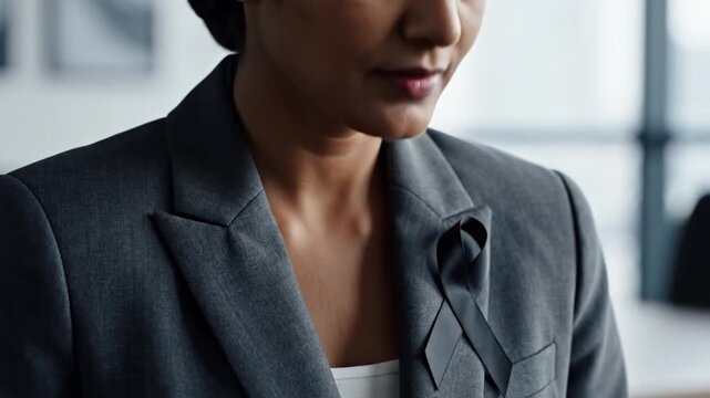 Woman in gray blazer adjusts black awareness ribbon on lapel. She looks down with quiet focus in soft office light, using careful hand movement that suggests support, remembrance, or solidarity.