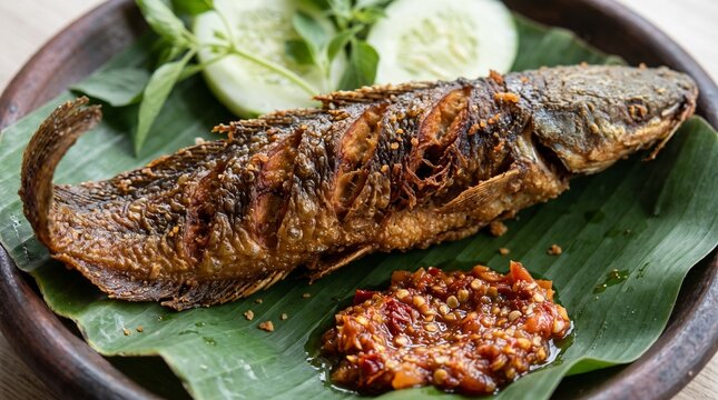 Close-up of crispy fried catfish and traditional Indonesian sambal, highlighting natural texture and flavor. Suitable for culinary articles, restaurant promotions, and food campaign visuals.