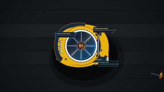 Detailed animation of a tape measure internal recoil mechanism showing the coil spring tape spool locking brake and retraction physics with educational callout labels on a dark background