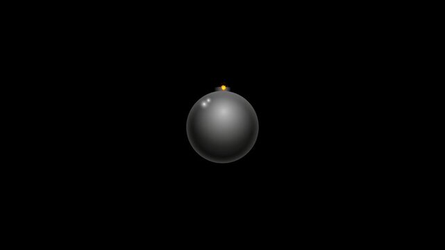 Black Metal Bomb Prop Animation with Extended Curved Wick and Bright Ignition Flash. Intended for MOV ProRes footage with transparent alpha, allowing flexible placement in video compositions and anima