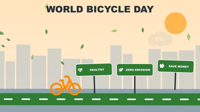 World Bicycle Day animation with bicycle riding on green bike lane through city and healthy, zero emission signs