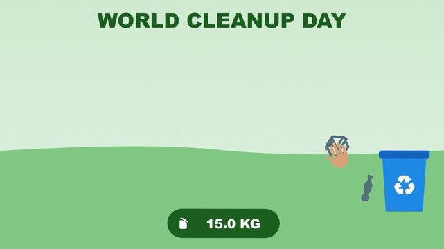 World Cleanup Day animation with littered park cleaned, trash flying into bags and recycling bins, flowers and kg counter