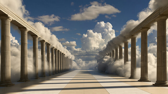 Ancient colonnade cloud filled piazza long corridor classical column stone floor open space symmetrical perspective dramatic sky architecture monumental structure column row marble pillar historic