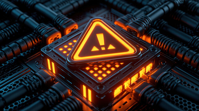 Glowing warning sign on server port in dark network center with orange light, showing cyber threat, data security risk, and system failure alert