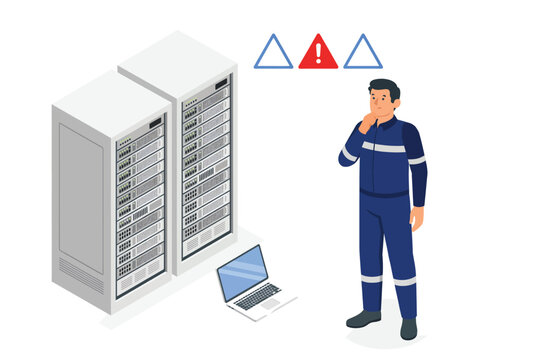 It technician fixing server rack with laptop warning sign isolated on white background, Vector, illustration