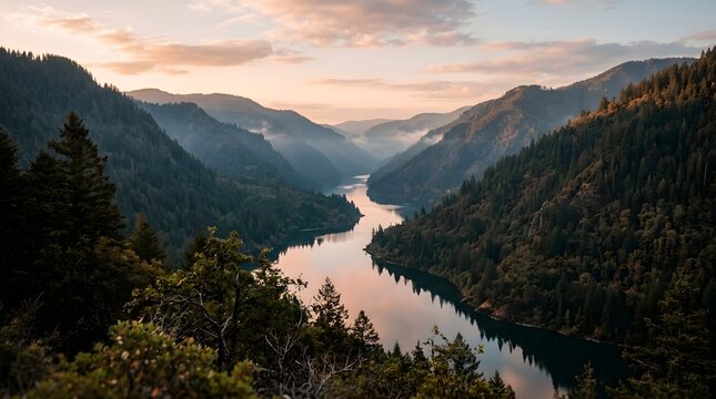 Winding river through forested mountain valley at sunset with soft mist and pink sky reflections