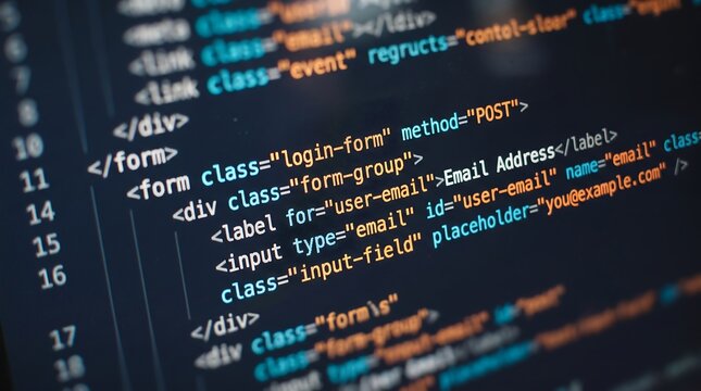 Computer screen showing source code for website login form development with back end front software programming developer internet