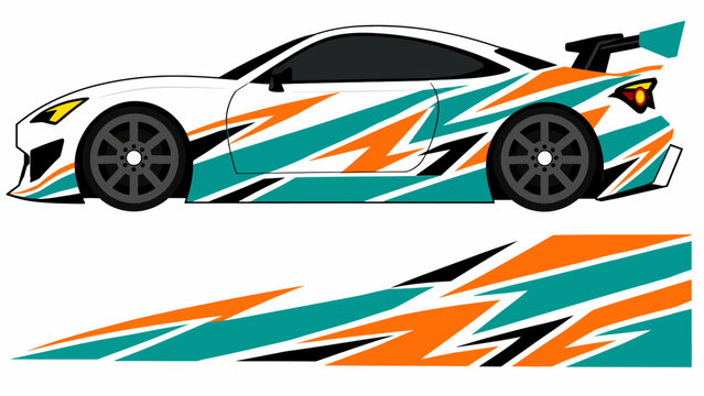 Vibrant teal and orange racing sports car with dynamic graphic decals.