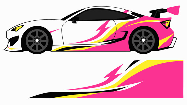 Colorful racing car design with pink, yellow, and white streaks and dynamic decals across the body.