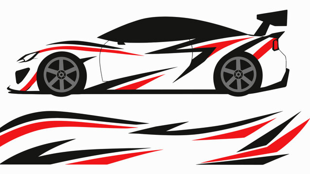 Dynamic red and black racing car graphic with sleek futuristic decals and stripes.