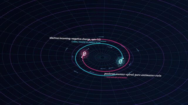 Sci-fi wireframe animation illustrating quantum annihilation and the creation of a micro-wormhole, featuring electron-positron collision, spacetime fabric pinching, and Calabi-Yau compactification