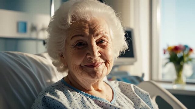 Senior patient smiles gently in bright hospital room. White hair frames her face as she relaxes in bed near window light, with monitor and flowers adding warm healing atmosphere during recovery.