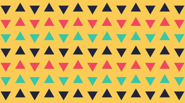 Seamless loop of rows of colorful triangles on a yellow background