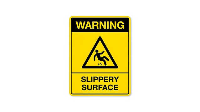 Yellow warning sign with slippery surface symbol isolated on a white background