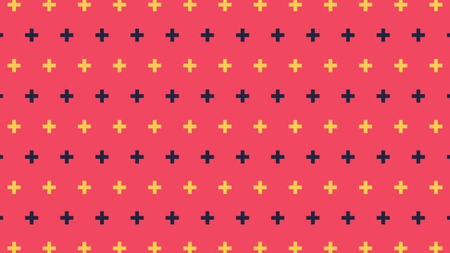 Seamless loop of navy and yellow plus signs on a coral background