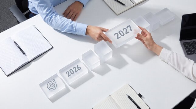 Business professionals placing 2027 and 2026 blocks on a desk, capturing strategic planning and future vision for corporate growth, ideal for financial reports and annual reviews.