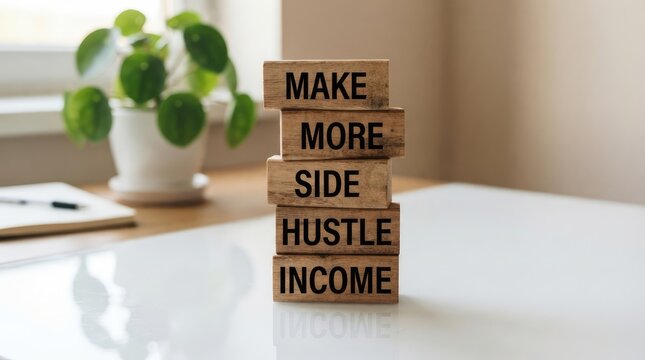 Wooden blocks stacked to display message about earning extra money on workspace with encouragement increase side spell out encouragement side income bright