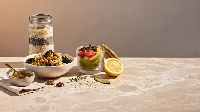 Healthy breakfast with oatmeal, fresh fruit, nuts, seeds, and granola in a glass jar on a beige stone surface