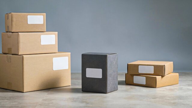 Cardboard shipping boxes and parcel packages arranged for storage, delivery, and logistics on a neutral background