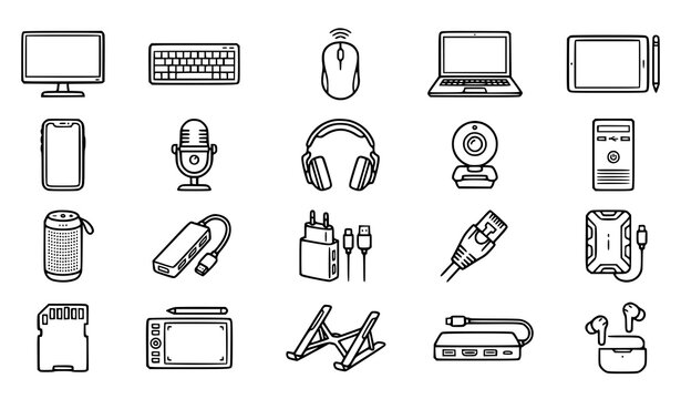 Modern Electronic Gadgets and Computer Peripheral Icons, Black Outline Vector Collection