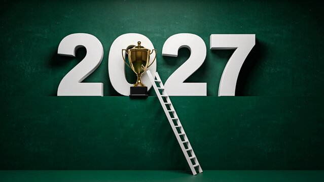 2027 new year concept with golden trophy and ladder symbolizing goals, success, and achievement on a green background