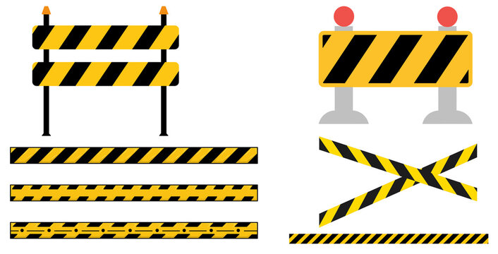 Set of Yellow and Black Striped Safety Barriers, Construction Barricade and Warning Tape Vector Collection