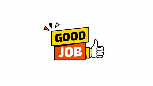 Good job appreciation illustration with colorful text and thumbs up hand gesture on white background